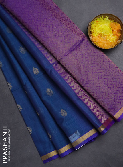 Kora silk cotton saree peacock blue and purple with zari woven buttas and zari woven border