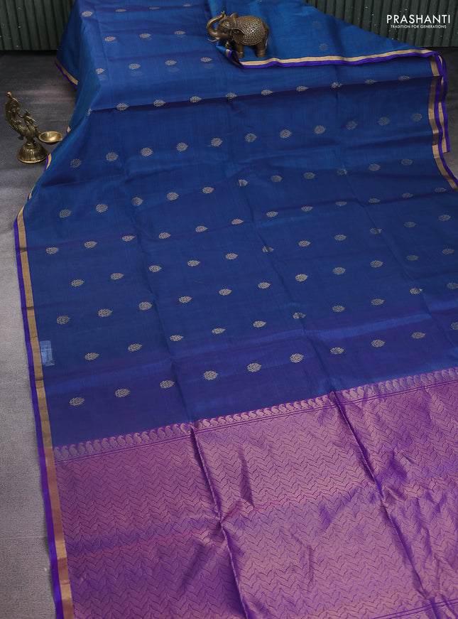 Kora silk cotton saree peacock blue and purple with zari woven buttas and zari woven border