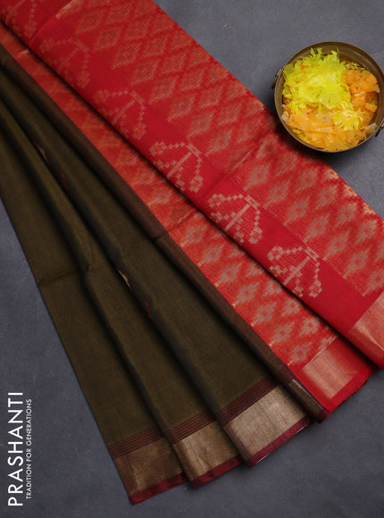 Kora silk cotton saree mehendi green and red with zari woven buttas and zari woven border