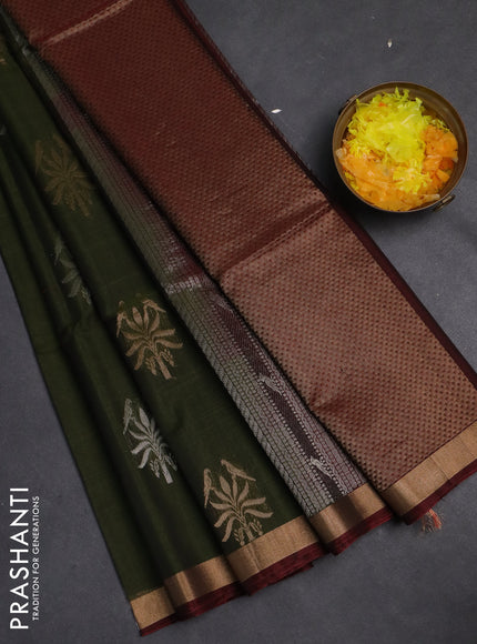 Kora silk cotton saree sap green and maroon with zari woven buttas and zari woven border