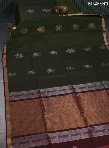 Kora silk cotton saree sap green and maroon with zari woven buttas and zari woven border