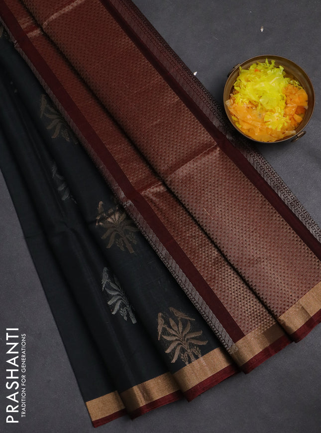 Kora silk cotton saree elephant grey and maroon with zari woven buttas and zari woven border