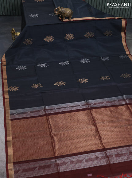 Kora silk cotton saree elephant grey and maroon with zari woven buttas and zari woven border