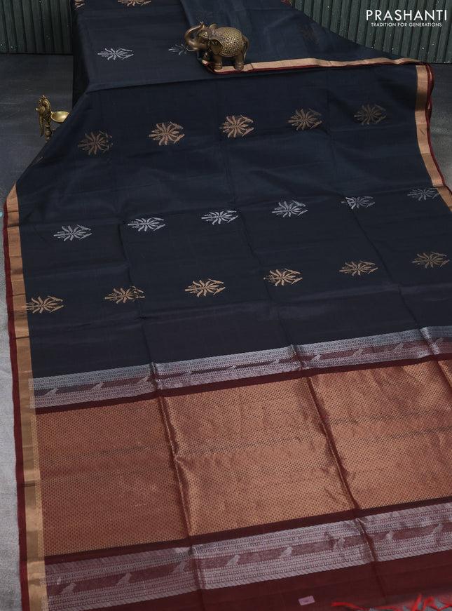Kora silk cotton saree elephant grey and maroon with zari woven buttas and zari woven border