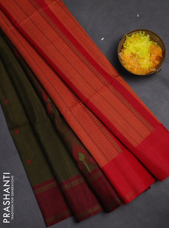 Kora silk cotton saree sap green and red with thread woven buttas and rettapet border