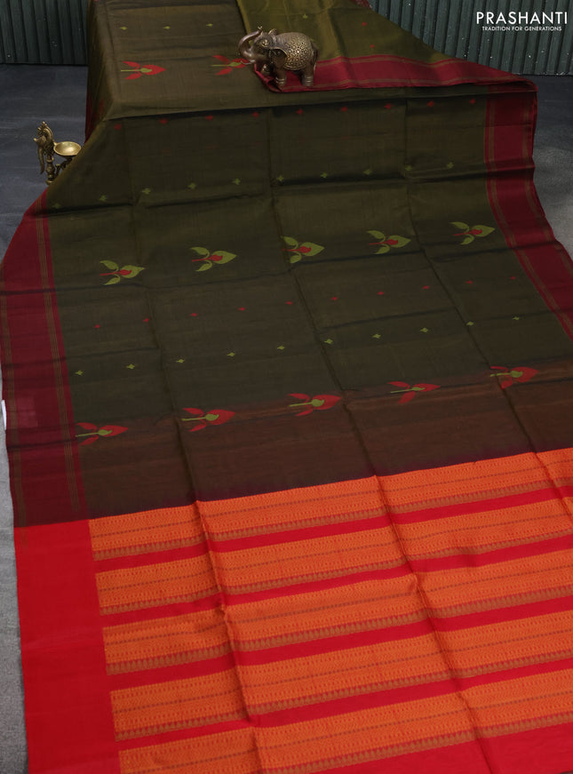 Kora silk cotton saree sap green and red with thread woven buttas and rettapet border