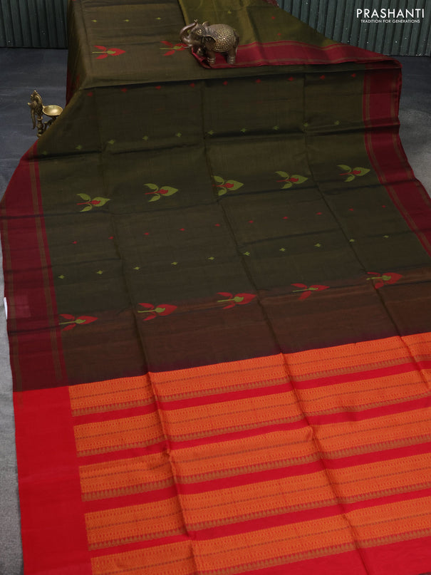 Kora silk cotton saree sap green and red with thread woven buttas and rettapet border