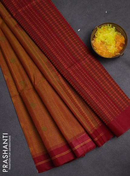 Kora silk cotton saree dark mustard and maroon with thread woven geometric buttas and rettapet border
