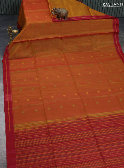Kora silk cotton saree dark mustard and maroon with thread woven geometric buttas and rettapet border