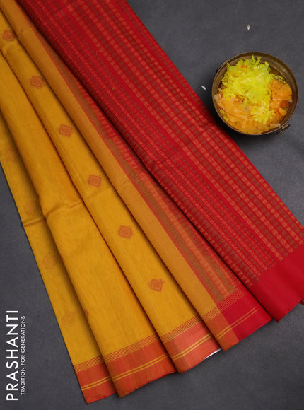 Kora silk cotton saree yellow and red with thread woven geometric buttas and rettapet border