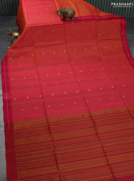 Kora silk cotton saree dual shade of pinkish orange and pink with thread woven geometric buttas and rettapet border