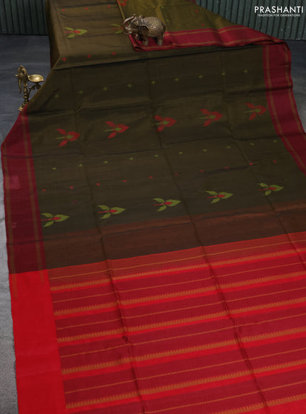 Kora silk cotton saree sap green and red with thread woven buttas and rettapet border
