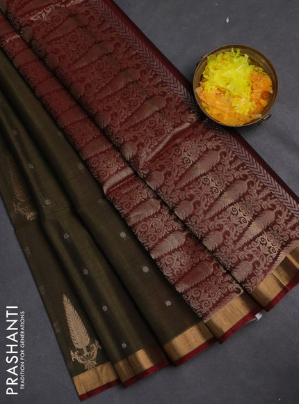 Kora silk cotton saree sap green and maroon with zari woven buttas and zari woven buttas border