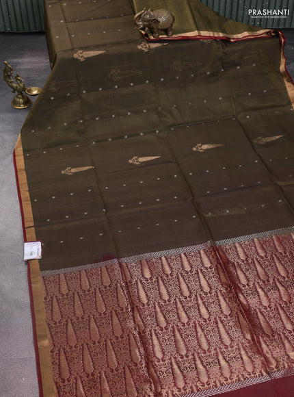 Kora silk cotton saree sap green and maroon with zari woven buttas and zari woven buttas border