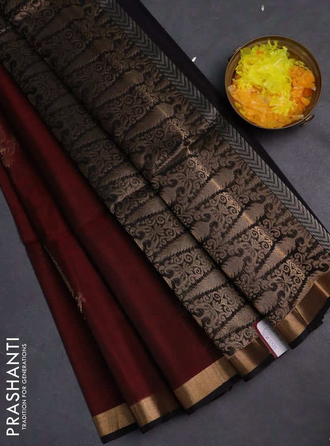 Kora silk cotton saree maroon and black with zari woven buttas and zari woven buttas border