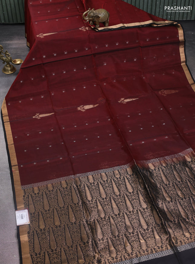 Kora silk cotton saree maroon and black with zari woven buttas and zari woven buttas border