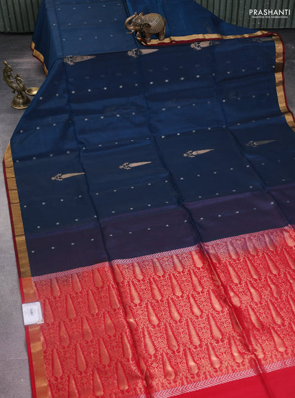 Kora silk cotton saree peacock blue and red with zari woven buttas and zari woven buttas border