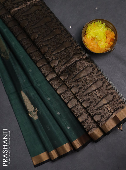 Kora silk cotton saree green shade and black with zari woven buttas and zari woven buttas border