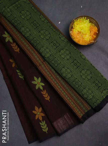 Kora silk cotton saree brown and black with thread woven buttas and piping border