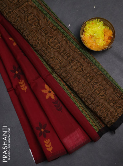 Kora silk cotton saree maroon and black with thread woven buttas and piping border
