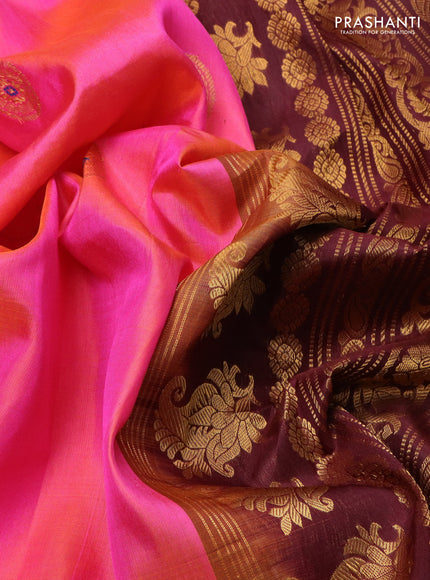 Pure gadwal silk saree dual shade of pinkish orange and deep maroon with zari woven buttas and temple design zari woven border