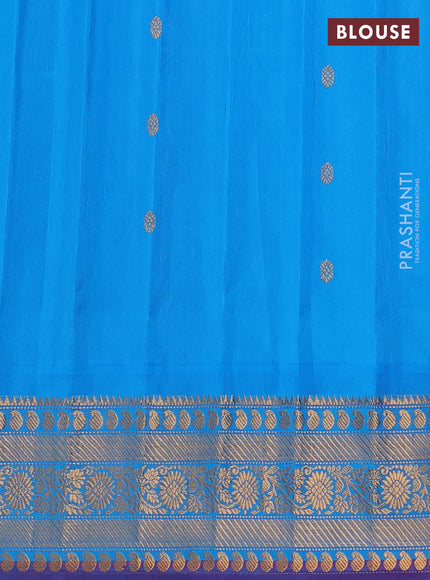 Pure gadwal silk saree peach orange and cs blue with zari woven buttas and temple design zari woven border