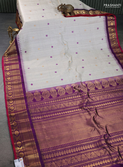 Pure gadwal silk saree cream and purple with allover checks & buttas and temple design zari woven border