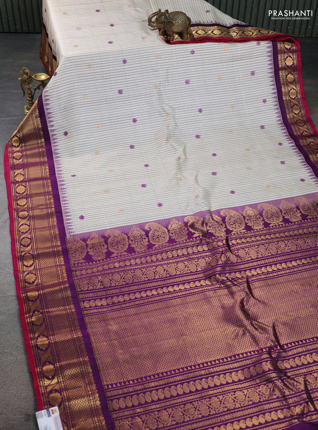 Pure gadwal silk saree cream and purple with allover checks & buttas and temple design zari woven border