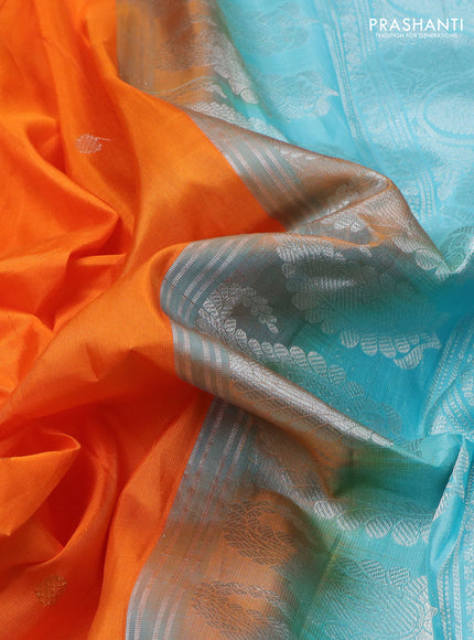 Pure gadwal silk saree orange and light blue with silver & gold zari woven buttas and temple design silver zari woven border