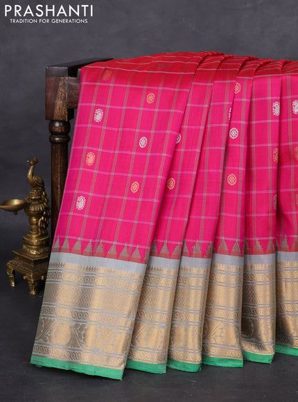 Pure gadwal silk saree pink and greyish green with allover checks & zari buttas and temple design zari woven border