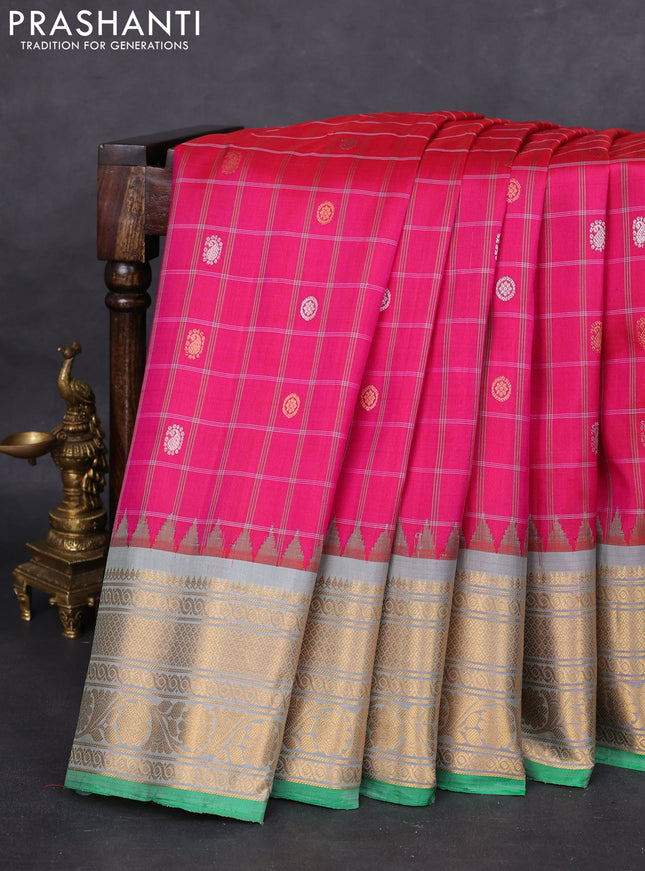 Pure gadwal silk saree pink and greyish green with allover checks & zari buttas and temple design zari woven border