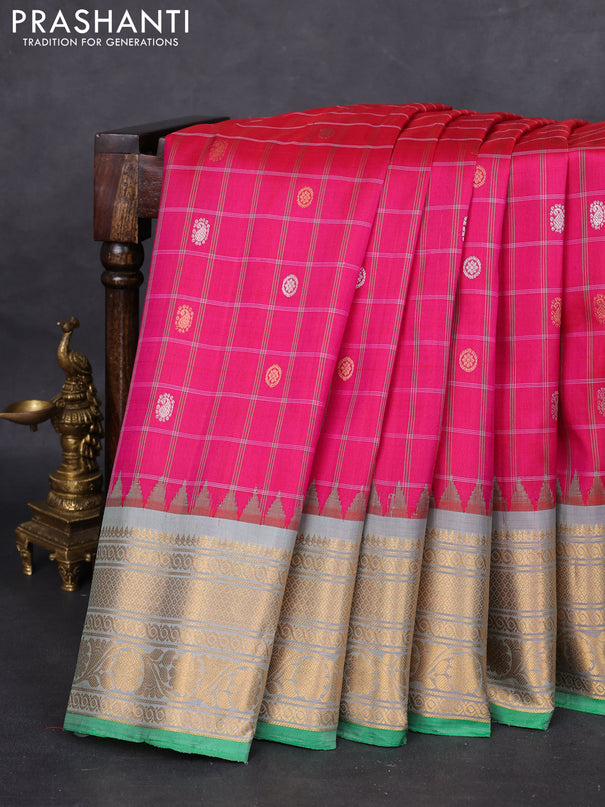 Pure gadwal silk saree pink and greyish green with allover checks & zari buttas and temple design zari woven border