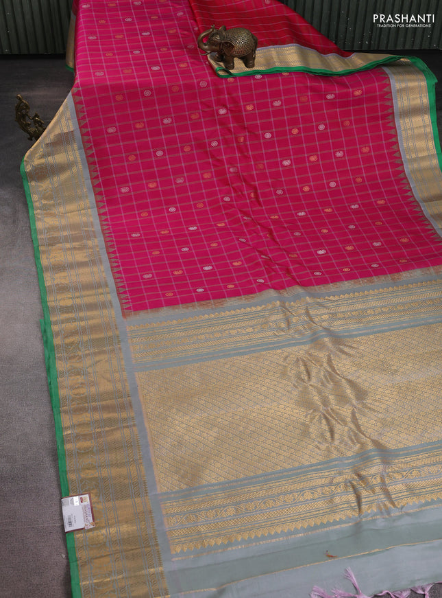 Pure gadwal silk saree pink and greyish green with allover checks & zari buttas and temple design zari woven border