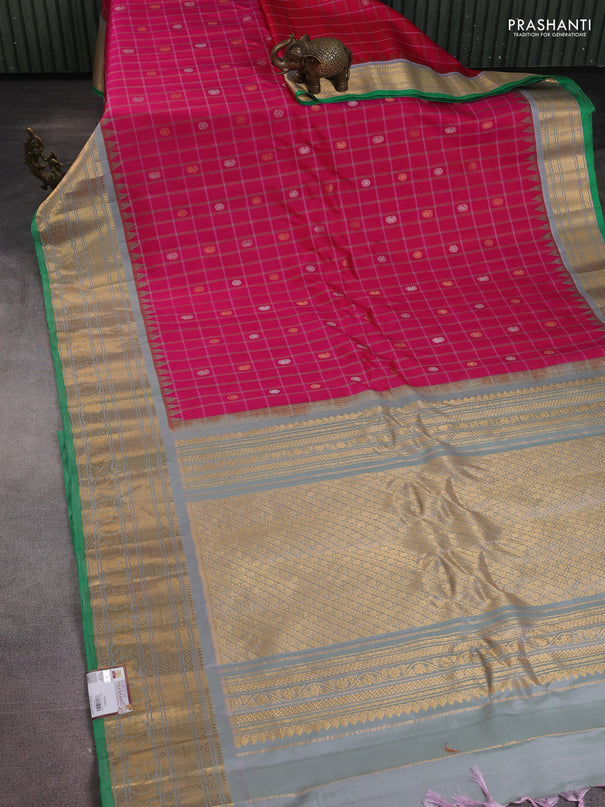 Pure gadwal silk saree pink and greyish green with allover checks & zari buttas and temple design zari woven border