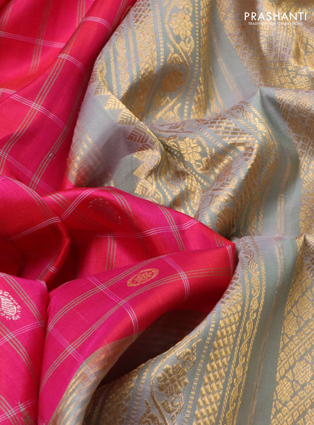 Pure gadwal silk saree pink and greyish green with allover checks & zari buttas and temple design zari woven border