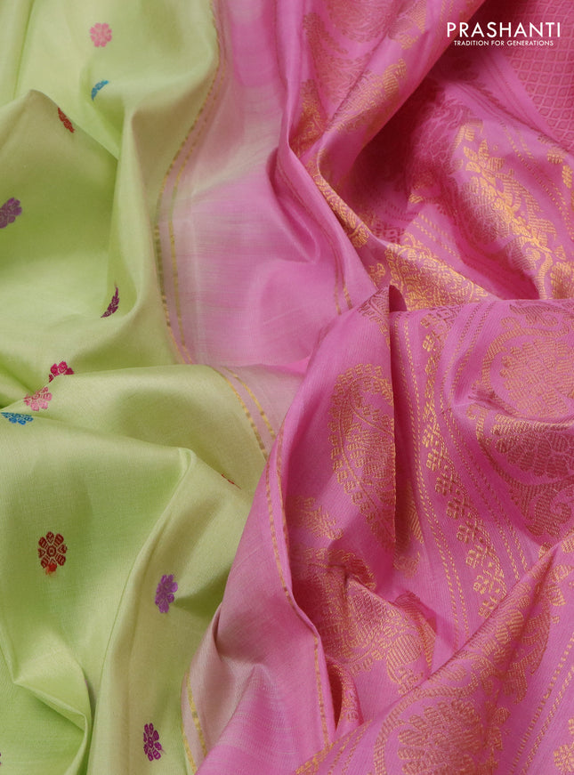 Pure gadwal silk saree pista green and light pink with thread woven buttas and temple design zari woven border