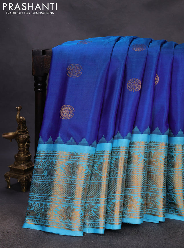 Pure gadwal silk saree blue and teal blue with zari woven buttas and temple design zari woven border
