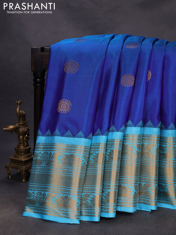 Pure gadwal silk saree blue and teal blue with zari woven buttas and temple design zari woven border