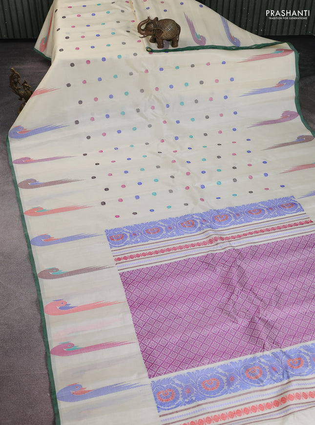 Pure gadwal silk saree cream and purple with allover thread woven buttas and thread woven muniya butta border