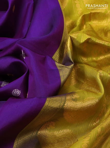 Pure gadwal silk saree purple and lime green with silver & gold zari woven buttas and temple design zari woven border