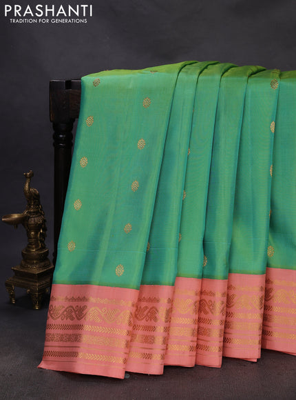 Pure gadwal silk saree teal green and peach orange with zari woven buttas and rich zari woven border