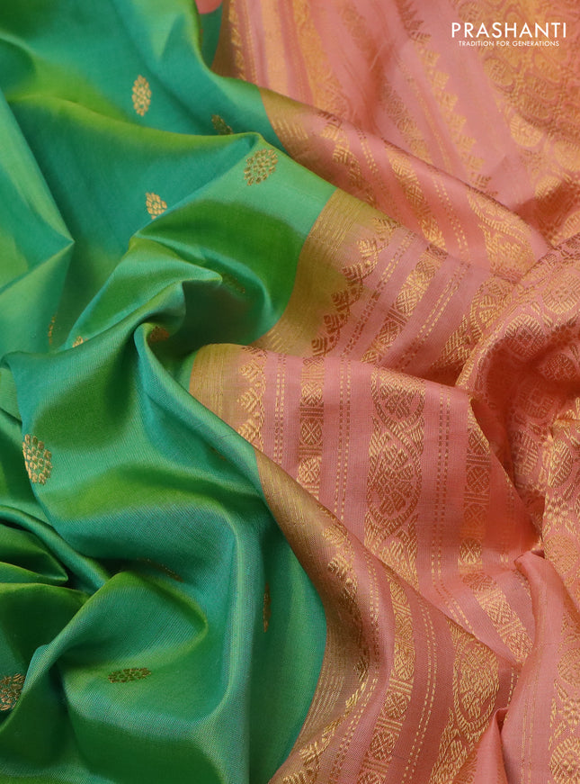 Pure gadwal silk saree teal green and peach orange with zari woven buttas and rich zari woven border