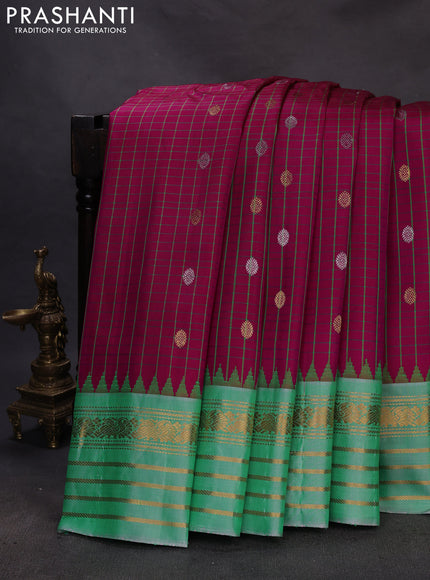 Pure gadwal silk saree dark pink and teal green with allover checked pattern & zari buttas and temple design zari woven border