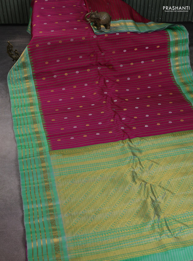 Pure gadwal silk saree dark pink and teal green with allover checked pattern & zari buttas and temple design zari woven border