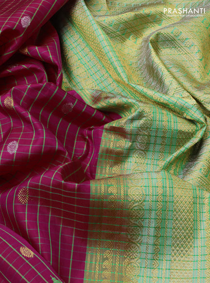 Pure gadwal silk saree dark pink and teal green with allover checked pattern & zari buttas and temple design zari woven border