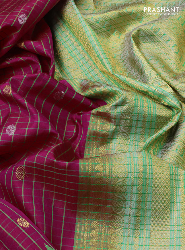 Pure gadwal silk saree dark pink and teal green with allover checked pattern & zari buttas and temple design zari woven border