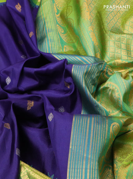 Pure gadwal silk saree blue and dual shade of green with silver & gold zari woven buttas and temple design zari woven border