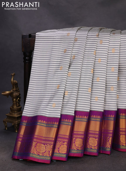 Pure gadwal silk saree off white wine shade and purple with allover stripe pattern & zari buttas and rich zari woven border