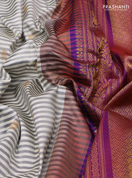Pure gadwal silk saree off white wine shade and purple with allover stripe pattern & zari buttas and rich zari woven border