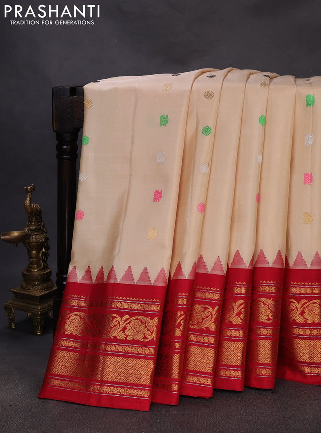 Pure gadwal silk saree cream and red with thread & zari woven buttas and temple design zari woven border